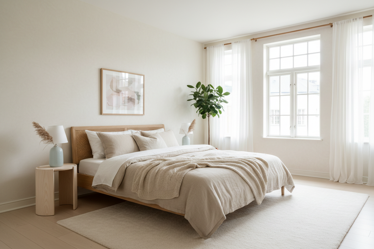 açık tonlarda bir yatak odası görseli